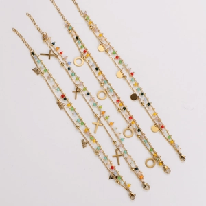 Golden double-layer bracelet set with colorful beads, love charm and cross pendant