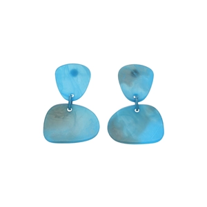 Irregular blue resin pebble earrings with silver needle and organic marble texture