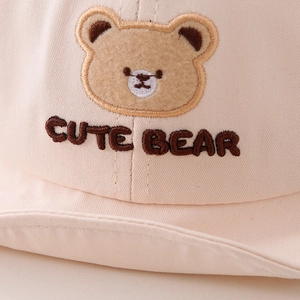 Chapeau de soleil en coton beige pour bébé avec ours en peluche et broderie