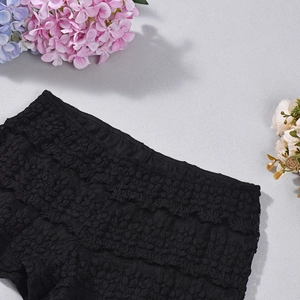 Detaillierte Makroansicht des schwarzen Spitzenmusters und zarten Stoffes der Shorts