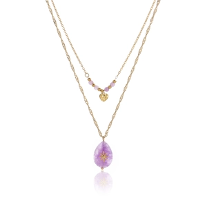 Double-layer golden necklace with purple water-drop stone and heart charm on white background