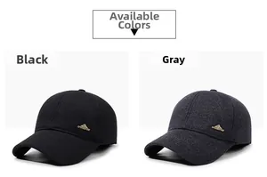 Detail view of men's winter wool caps in black and gray with thick warm ear flaps