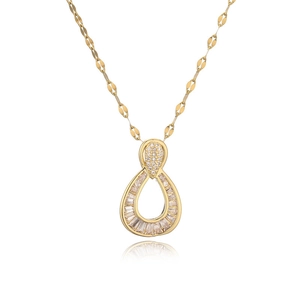 Elegant gold plated necklace with hollow teardrop pendant and sparkling zircon stones