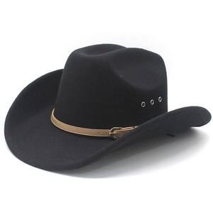 Chapeau de cowboy classique en feutre noir avec bandeau en cuir brun et œillets