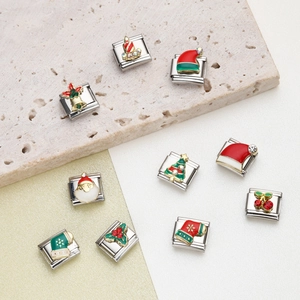 Christmas themed stainless steel charms set with enamel details and rhinestones for DIY bracelets