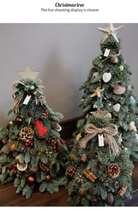 Detailed close-up of mini DIY Christmas trees with pine cones, cinnamon, and stars