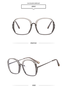 Front and side view of round oversized gray eyeglasses with thin metal temples