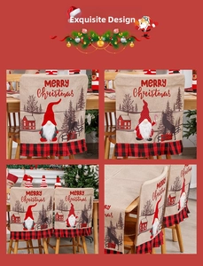 Close-up of Christmas gnome chair covers with red buffalo plaid ruffles and table runner