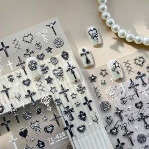 Gothic Nail Art Stickers Embossed Dark Style Cross Star Heart Design Manicure Decals DIY Accessories Punk Beauty