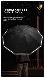 Detail of automatic umbrella with bright reflective safety strip for night visibility