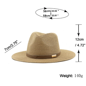 Women's Fedora straw hat with leather band and gold buckle for sun protection