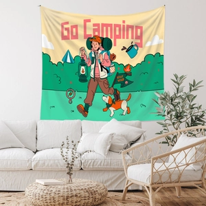 Détail d'une illustration de camping avec randonneur et chien sur une tapisserie