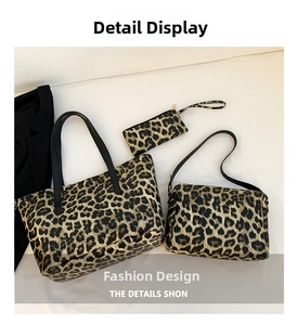 Detailed flat lay of three-piece leopard print tote set with matching shoulder and hand bags