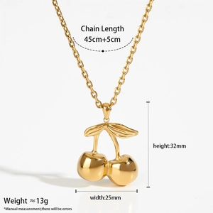 Golden stainless steel cherry pendant necklace set with size and weight parameters