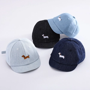 Infant denim baseball caps with cute dog embroidery in four classic denim shades