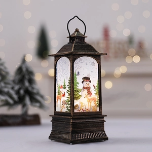Retro bronze Christmas lantern with snowman painting against warm festive bokeh background