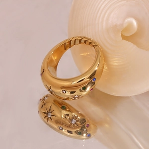 18K gold plated stainless steel dome ring featuring colorful gemstones and star engraving