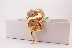 Detail of a golden metal snake keychain with brown and clear rhinestones on white box