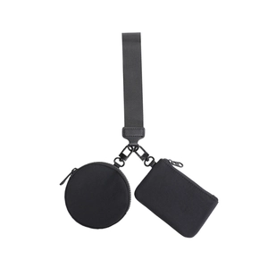 Detail of black tactical wrist pouch featuring a round coin purse and rectangular pocket