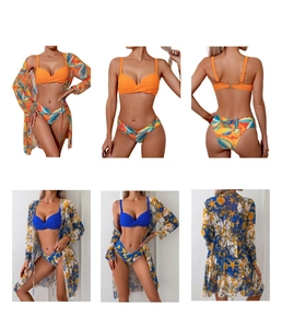 Detailed views of orange and royal blue bikini sets with matching tropical printed cover-ups