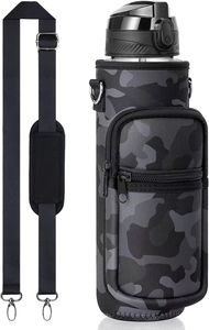 Detail view of camouflage gray SBR neoprene water bottle sleeve with adjustable strap