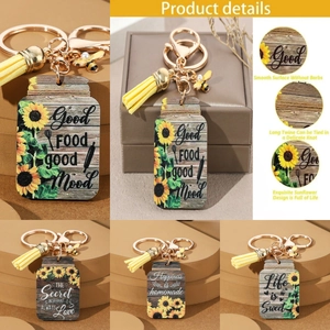 Wooden Sunflower Keychain With Tassel Bee Charm Artificial Pearl Slogan Jar Shape Pendant Rustic Key Ring Gift For Women Men