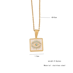 Detail of stainless steel gold chain with blue enamel evil eye heart pendant specs