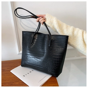 Close-up of black crocodile pattern bucket bag showing textured PU leather and large capacity