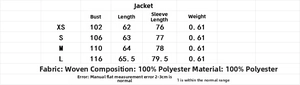 Detailed size chart for oversized striped bomber jacket with precise measurements