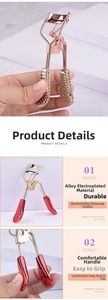 Detail of rose gold eyelash curler with ergonomic red handle and plating texture
