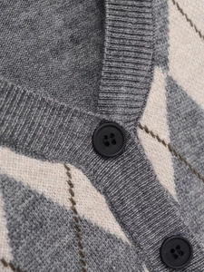 Close-up of argyle knit cardigan featuring ribbed collar and black round buttons texture