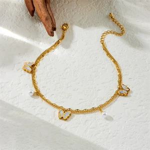 Gold double-layered stainless steel anklet with butterfly charms and faux pearls