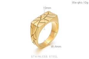 Detailed view of golden stainless steel ring featuring textured leaf pattern and 10mm width