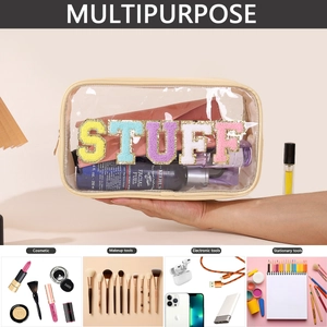 Multipurpose clear PVC makeup bag showing storage for cosmetics and electronic tools