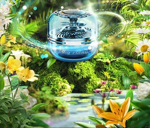 Blue solar-powered car air freshener with rotating device in a lush garden setting