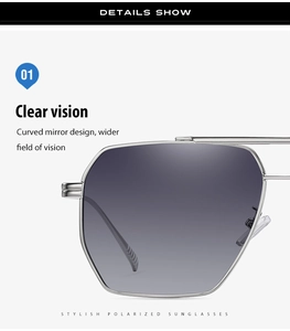 Detail of polarized lenses on silver metal aviator frame with clear curved mirror design