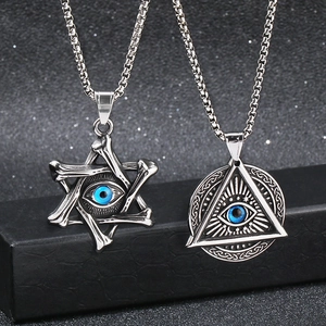 Punk vintage stainless steel necklaces with blue evil eye pendants and hexagram design