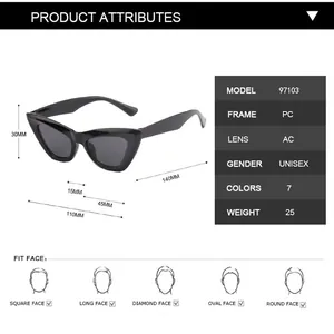 Detailed size chart for retro cat eye sunglasses showing dimensions and PC frame specs