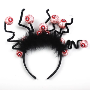 Scary Halloween Eyeball Headband With Black Feather And Metal Springs Spooky Bloodshot Eye Party Cosplay Costume Prop