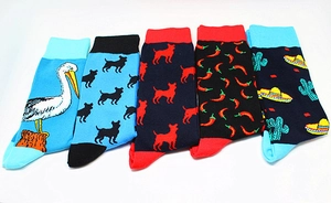 Detailed set of cotton mid-calf socks featuring pelican, dog, and cactus patterns