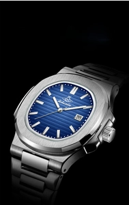 Detailed view of luxury men's steel watch with octagonal bezel and blue textured dial