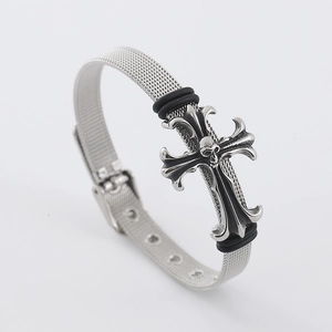 Gothic silver stainless steel mesh bracelet featuring a skull cross and watch band buckle