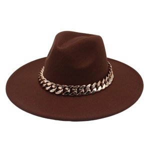 Dark brown wide brim wool fedora hat with elegant rose gold metal chain band decoration