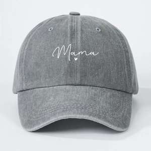 Vintage washed grey cotton baseball cap featuring white Mama embroidery and heart