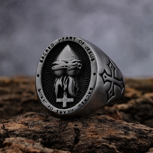 Vintage stainless steel Sacred Heart of Jesus signet ring with gothic cross relief