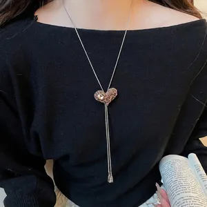 Leopard print heart necklace with rectangular crystal on a silver snake chain for women