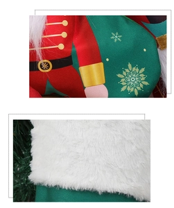 Detailed view of Grinch soldier Christmas stocking with plush trim and festive prints