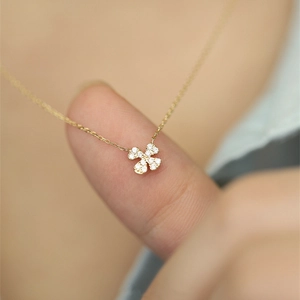 Clover Pendant Necklace 925 Sterling Silver 14K Gold Plated Cubic Zirconia Pave Minimalist Clavicle Chain Women