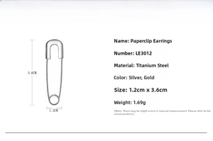 Detailed dimensions and specs of titanium steel paperclip earrings in silver and gold