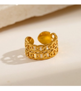 Macro shot of gold double layer interlocking chain ring with adjustable open band detail